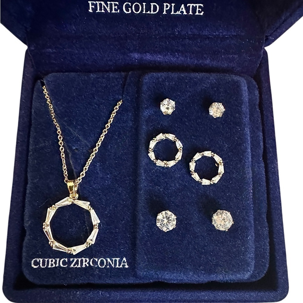 Danecraft Cubic Zirconia Circle Pendant & 3 Pair Stud Earring Set - Picture 8 of 15
